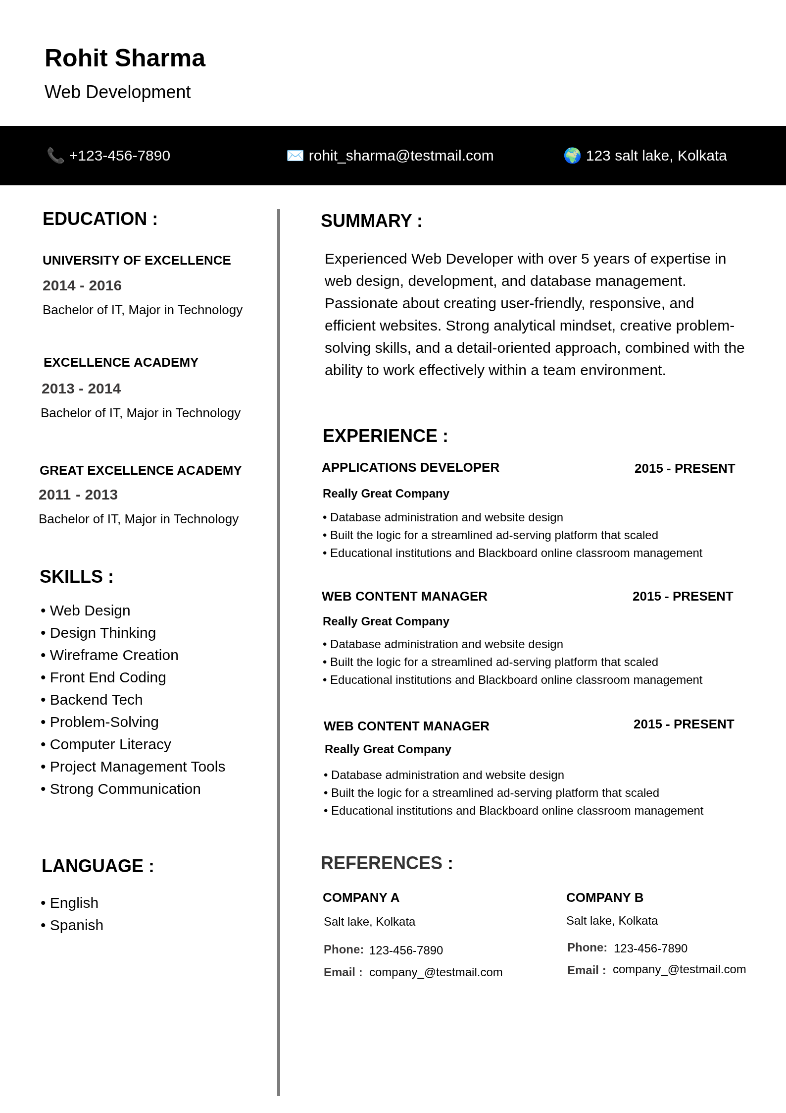 Black and White Professional Web Developer Resume Template Resume Template Preview