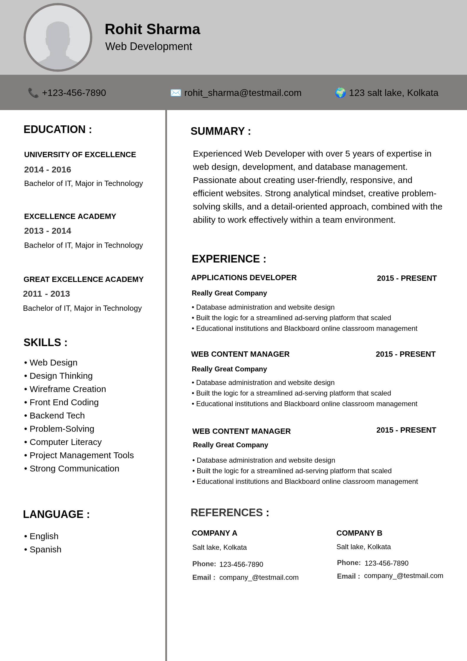 Gray and White Web Developer Resume Template with Profile Circle Photo Resume Template Preview