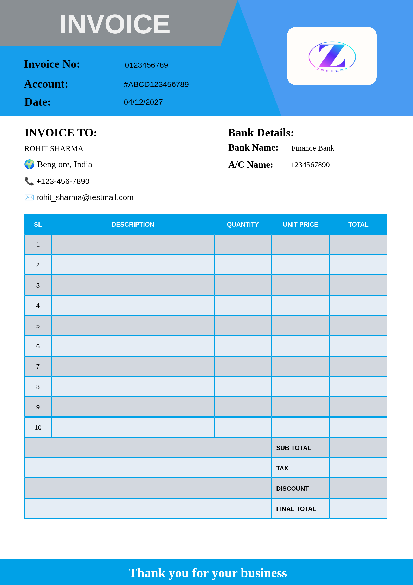 Blue and White Professional Invoice Template Resume Template Preview