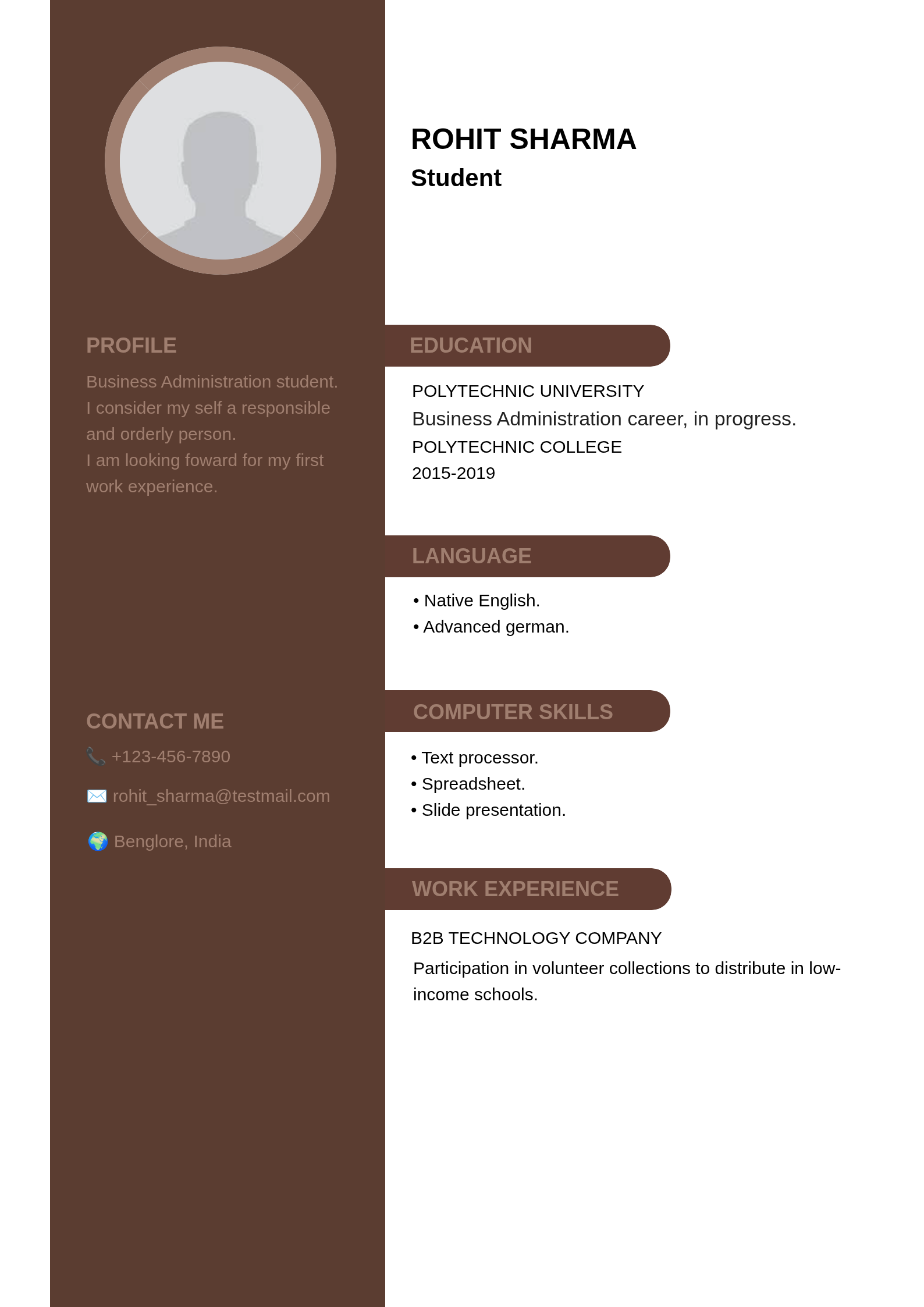 White and chocolate Student Resume-Circle Image Resume Template Preview