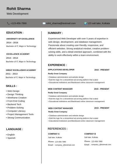Gray and White Professional Web Developer Resume Template