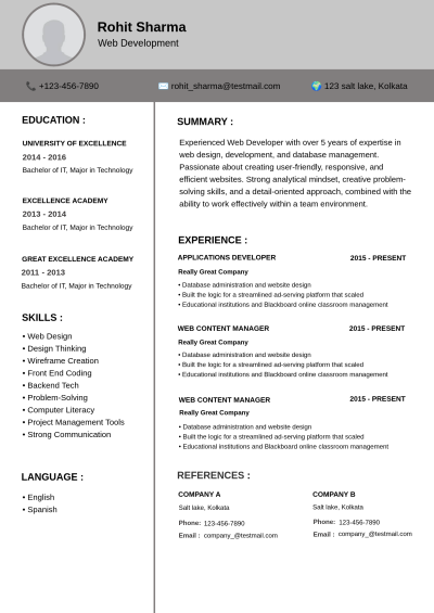 Gray and White Web Developer Resume Template with Profile Circle Photo