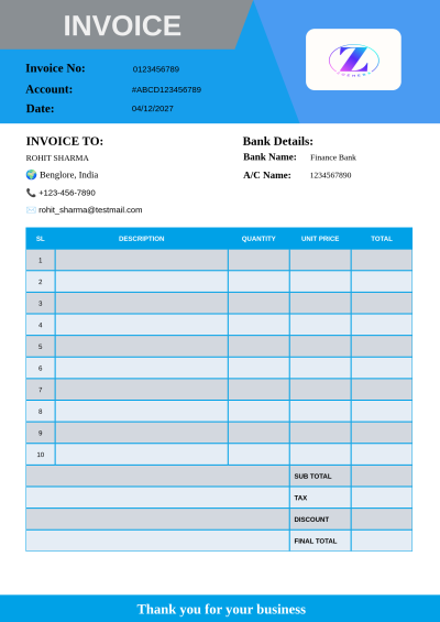 Blue and White Professional Invoice Template